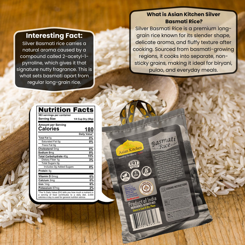 Asian Kitchen Silver White Basmati Rice Aged 40lbs (18.18kg) ~ All Natural | Gluten Friendly | Vegan | Indian Origin | Export Quality