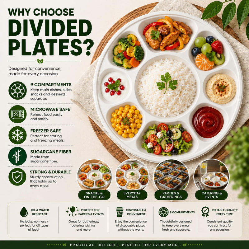 Rani 9 Compartment Round Biodegradable Divided Plates, Pack of 25 ~ Party, Thali, Buffet | Disposable & Eco-Friendly | Heavy-Duty Sturdy Paper Bagasse | Premium Quality | 12.44" Diameter 1.38" Height
