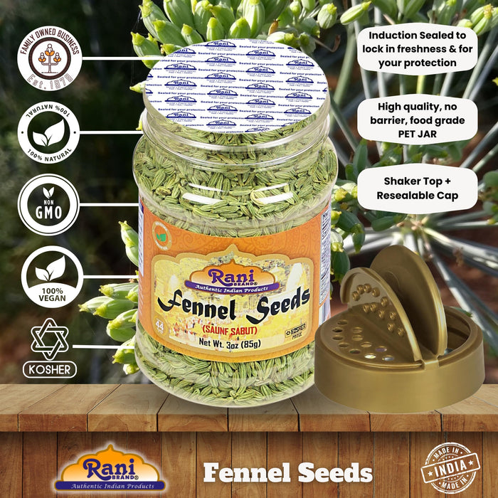 Rani Fennel Seeds (Saunf Sabut) Whole Spice 3oz (85g) PET Jar ~ All Natural | Gluten Friendly | NON-GMO | Kosher | Vegan | Indian Origin