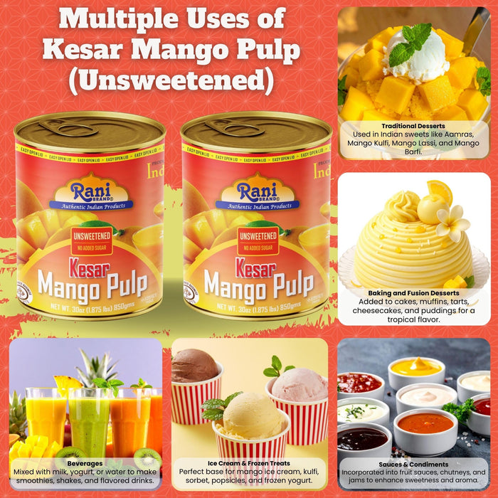 Rani Mango Pulp Puree (Makes Mango Lassi Shakes) Kesar Unsweetened 30oz (1.875lbs) 850g Pack of 2 ~ Kosher | All Natural | NON-GMO | Vegan | No colors | Gluten Friendly | Indian Origin