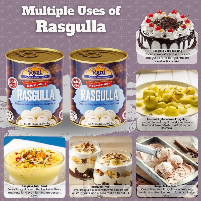 Rani Rasgulla (Cheese Curd Dumplings in Rose Flavor) 35.3oz (2.2lbs) 1kg, Pack of 2, Approximately 14 pieces, Easy Open Lid ~ Ready to eat | Gluten Friendly | Vegan | Non-GMO | Kosher | Indian Origin