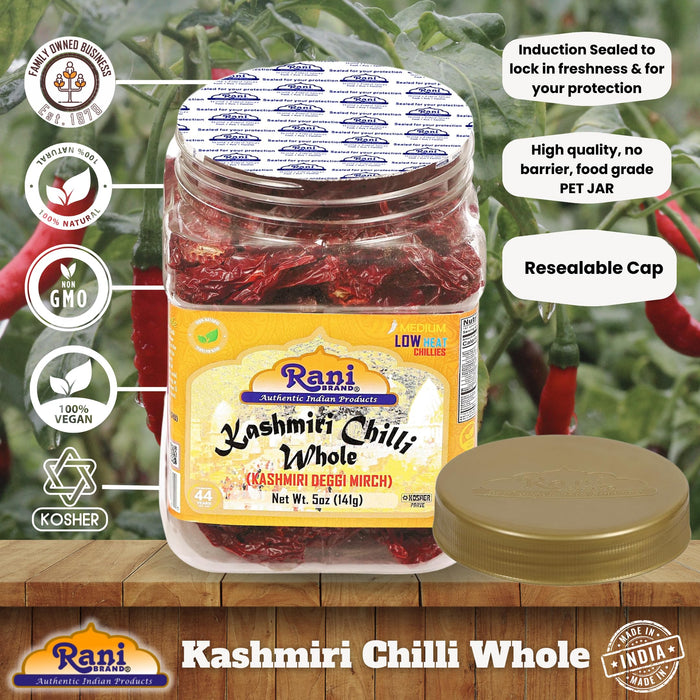 Rani Kashmiri Chilli Whole Stemless (Deggi Mirch) 5oz (141g) PET Jar ~ Natural | Salt-Free | Vegan | Gluten Friendly | Kosher | NON-GMO