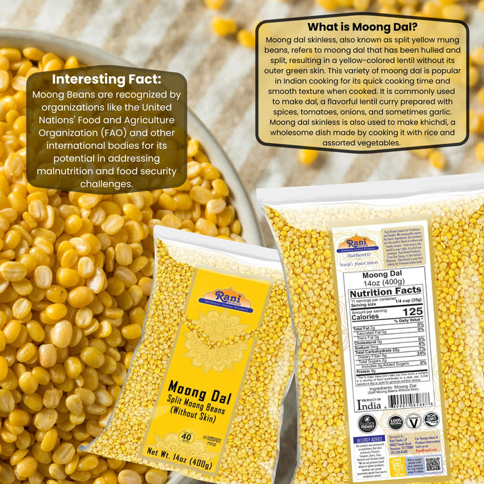 Rani Moong Dal (Split Mung Beans Without Skin) Lentils Indian 14oz (400g) ~ All Natural | Gluten Friendly | Non-GMO | Kosher | Vegan | Indian Origin