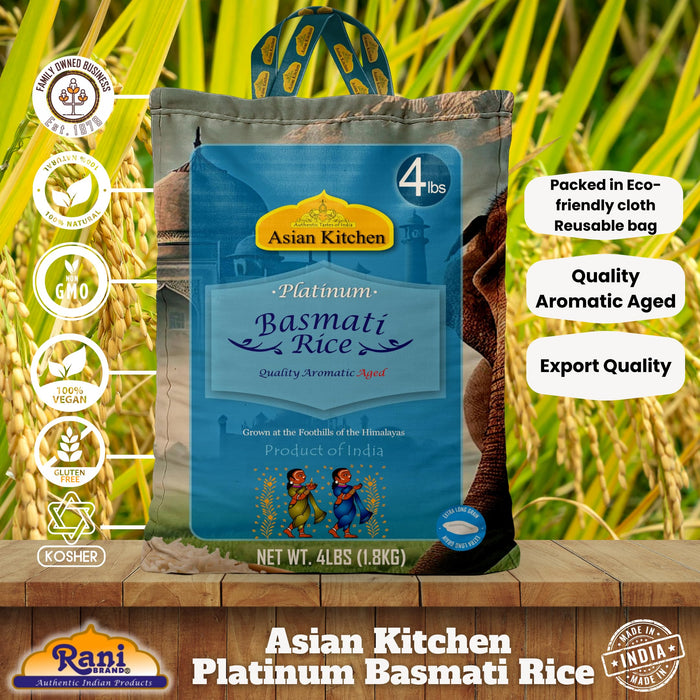 Asian Kitchen Platinum White Basmati Rice Extra Long Aged 4lbs (1.81kg) ~ All Natural | Gluten Friendly | Vegan | Indian Origin | Export Quality