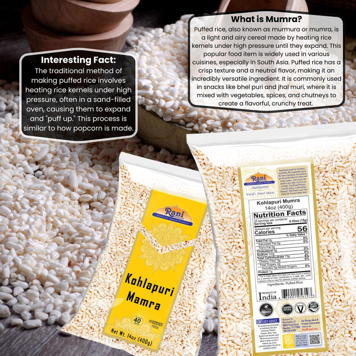 Rani Kohlapuri Mamra (Puffed Rice) 14oz (400g) ~ All Natural, Indian Origin | No Color | Gluten Friendly | Vegan | NON-GMO | Kosher | No Salt or fillers