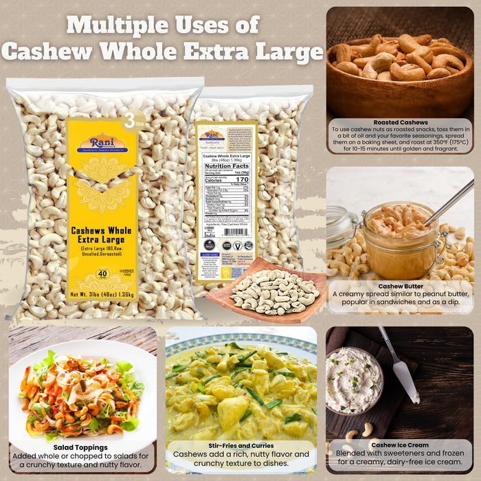 Rani Raw Cashews Whole W180 Extra Large (uncooked, unsalted) 48oz (3lbs) 1.36kg Bulk ~ All Natural, No Preservatives | Vegan | Kosher | NON-GMO | Gluten Friendly