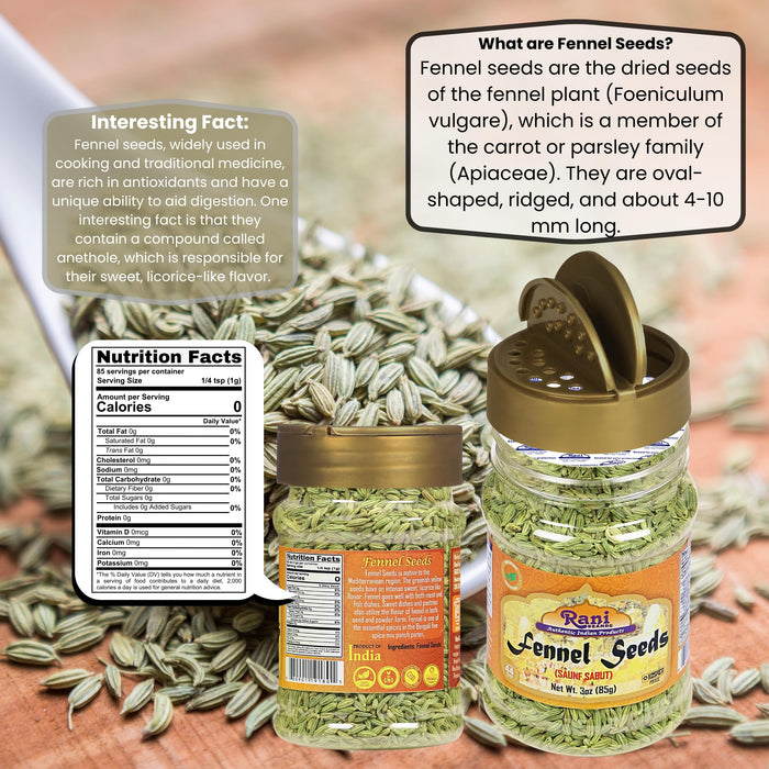 Rani Fennel Seeds (Saunf Sabut) Whole Spice 3oz (85g) PET Jar ~ All Natural | Gluten Friendly | NON-GMO | Kosher | Vegan | Indian Origin