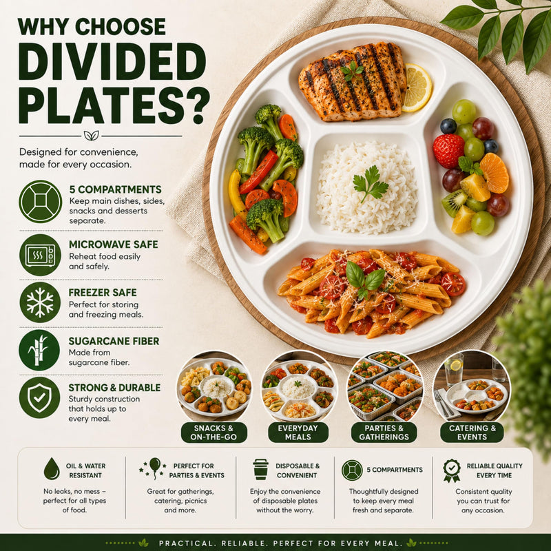 Rani 5 Compartment Round Biodegradable Divided Plates, Pack of 1000 ~ Party, Thali, Buffet | Disposable & Eco-Friendly | Heavy-Duty Sturdy Paper Bagasse | Premium Quality | 10" Diameter, 1.38" Height