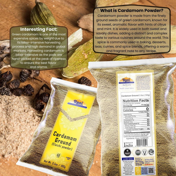 Rani Cardamom (Elachi) Ground, Powder Indian Spice 3.5oz (100g) ~ All Natural | No Color added | Gluten Friendly | Vegan | NON-GMO | Kosher | No Salt or filler