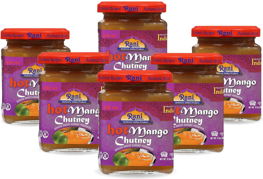 Rani Hot Mango Chutney (Spicy Indian Preserve) 12.5oz (350g) Glass Jar, Ready to eat, Vegan, Pack of 5+1 FREE ~ Gluten Free, All Natural, NON-GMO | Kosher