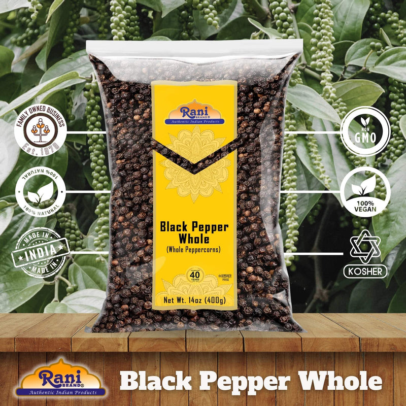 Rani Black Pepper Whole (Peppercorns), Premium Bold Tellicherry Quality 14oz (400g) ~ All Natural | Gluten Friendly | Non-GMO | Kosher | Product of Vietnam | Perfect size for Grinders!