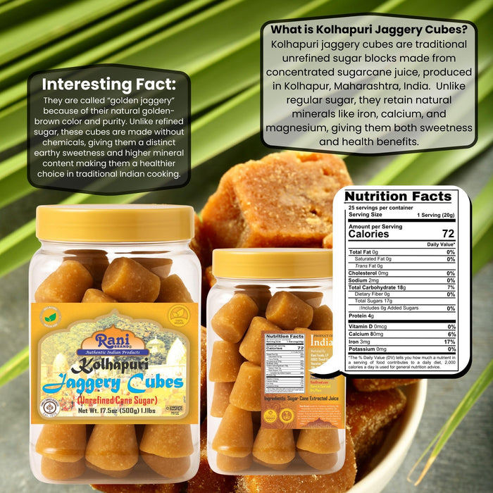 Rani Kolhapuri Jaggery Cubes (Unrefined Cane Sugar) 17.5oz (1.1lbs) 500g PET Jar ~ All Natural, No Color added, Gluten Friendly | Vegan | NON-GMO | Kosher | No Salt or fillers