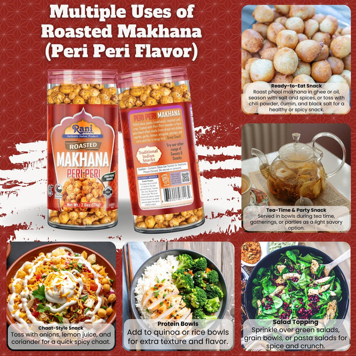 Rani Roasted Makhana (Fox Nut/Popped Lotus Seed) Peri Peri Flavor 2.6oz (75g) Ready to eat, Hand Picked Foxnuts ~ High in Protein | Vegan | Gluten Friendly | NON-GMO | Kosher | Indian Origin