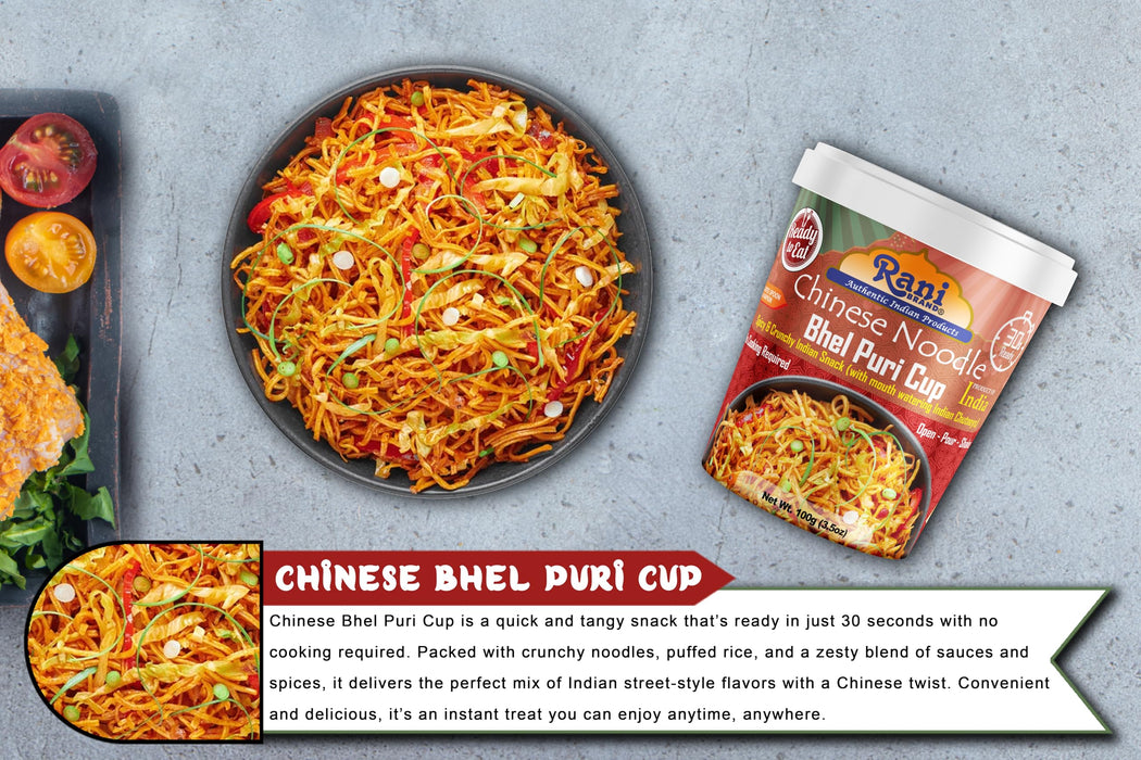 Rani Chinese Noodle Bhel Puri Cup (Spicy & Crunchy Indian Snack w/mouth watering Indian Chutneys) 3.5oz (100g), Pack of 4 ~ Ready to Eat | Vegan | NON-GMO | Indian Origin