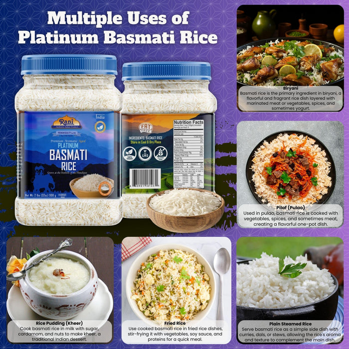 Rani Platinum White Basmati Rice Extra Long Aged 32oz (2lbs) 908g PET Jar ~ All Natural | Gluten Friendly | Vegan | Indian Origin | Kosher | Export Quality