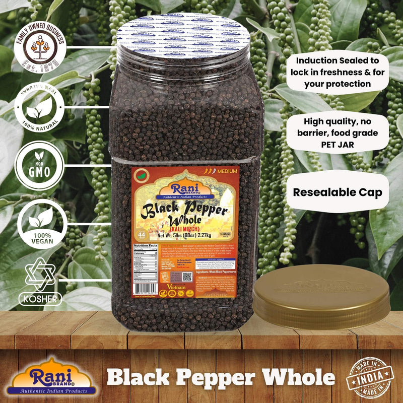 Rani Black Pepper Whole (Peppercorns), Premium Bold Tellicherry Quality 80oz (5lbs) 2.27kg Bulk PET Jar ~ All Natural | Gluten Friendly | Non-GMO | Kosher | Product of Vietnam