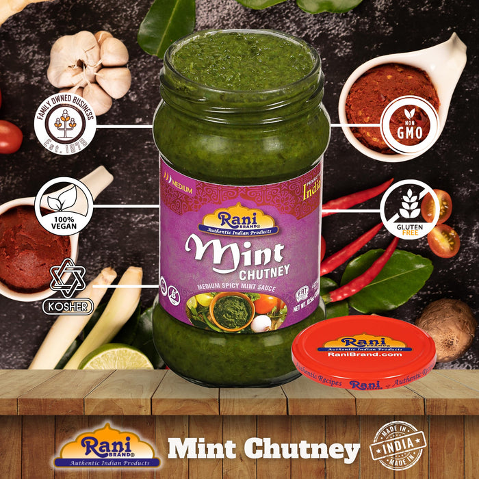 Rani Mint Chutney (Podina) 10.5oz (300g) Glass Jar, Ready to Eat, Pack of 5+1 FREE ~ Vegan | Gluten Free | NON-GMO | Kosher | No Colors | Indian Origin