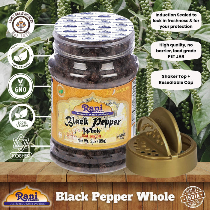 Rani Black Pepper Whole (Peppercorns), Premium MG-1 Grade 3oz (85g) PET Jar ~ All Natural | Gluten Friendly | Non-GMO | Kosher | Perfect size for Grinders!