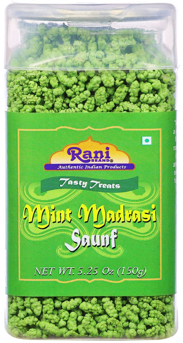 Rani Mint Madrasi Saunf 5.25oz (150g) Vacuum Sealed, Easy Open Top, Resealable Container ~ Indian Tasty Treats | Vegan | Gluten Friendly | NON-GMO | Indian Origin