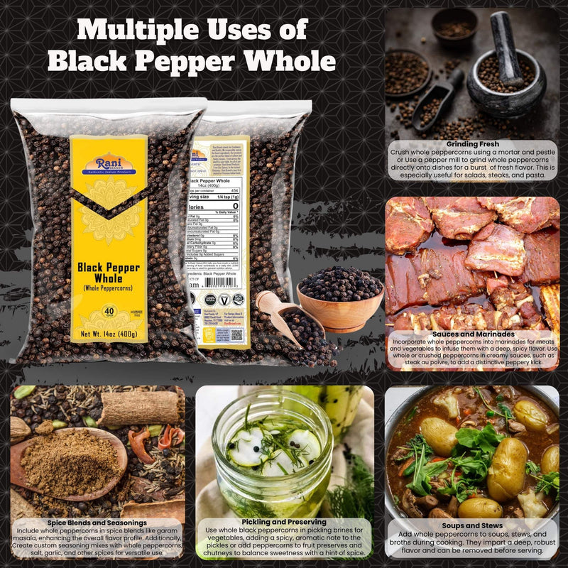 Rani Black Pepper Whole (Peppercorns), Premium Bold Tellicherry Quality 14oz (400g) ~ All Natural | Gluten Friendly | Non-GMO | Kosher | Product of Vietnam | Perfect size for Grinders!