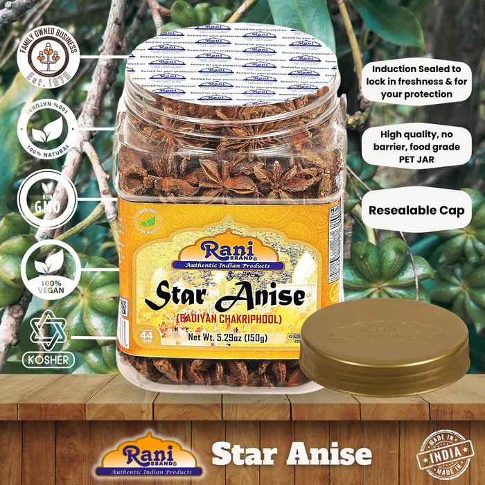 Rani Star Anise Seeds, Whole Pods (Badian Khatai) Spice 5.29oz (150g) PET Jar ~ All Natural | Gluten Friendly | NON-GMO | Vegan | Kosher | Indian Origin