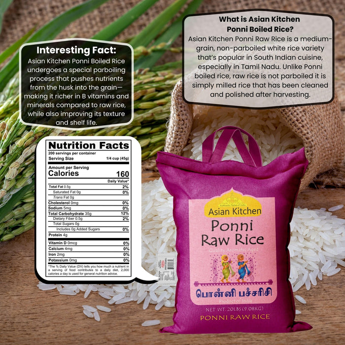 Asian Kitchen Ponni Raw Rice 20-Pound Bag, 20lbs (9.08kg) Short Grain Rice ~ All Natural | Gluten Friendly | Vegan | Indian Origin | Export Quality