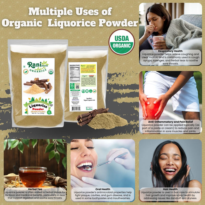 Rani Organic Liquorice Powder (Mulethi Powder) 7oz (200g) ~ All Natural | No Color | Gluten Friendly | Vegan | Non-GMO | Kosher | No Salt or fillers | Indian Origin | USDA Organic Certified