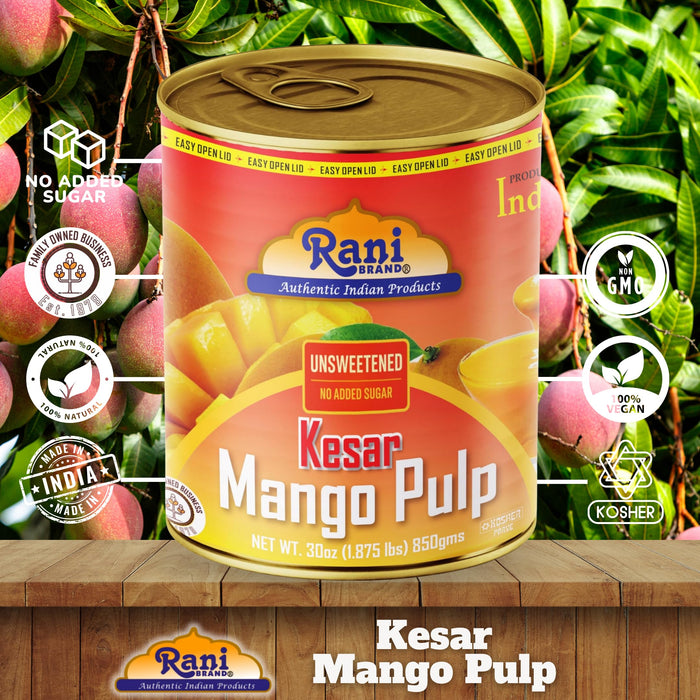 Rani Mango Pulp Puree (Makes Mango Lassi Shakes) Kesar Unsweetened 30oz (1.875lbs) 850g Pack of 18 ~ Kosher | All Natural | NON-GMO | Vegan | No colors | Gluten Friendly | Indian Origin