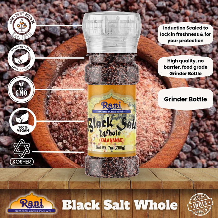 Rani Black Salt Raw Whole (Kala Namak) Mineral 7oz (200g) Grinder Bottle ~ Unrefined, Pure and Natural | Vegan | Gluten Friendly | NON-GMO | Kosher | Indian Origin | Perfect for Tofu Scramble