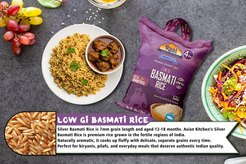 Rani White Basmati Rice Low GI (Glycemic Index) Extra Long Aged, Ideal for Diabetics, 4lbs (64oz) 1.81kg Cloth Bag ~ All Natural | Gluten Free | Vegan | Indian Origin | Export Quality