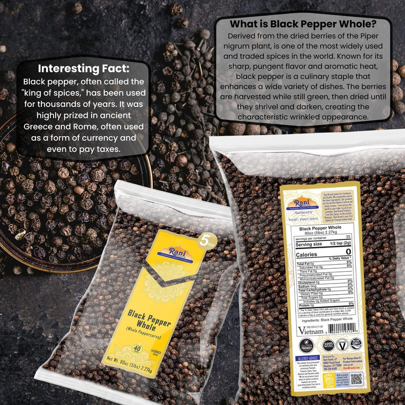 Rani Black Pepper Whole (Peppercorns), Premium Bold Tellicherry Quality 80oz (5lbs) 2.27kg Bulk ~ All Natural | Gluten Friendly | Non-GMO | Kosher | Product of Vietnam | Perfect size for Grinders!