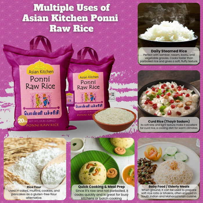 Asian Kitchen Ponni Raw Rice 20-Pound Bag, 20lbs (9.08kg) Short Grain Rice ~ All Natural | Gluten Friendly | Vegan | Indian Origin | Export Quality