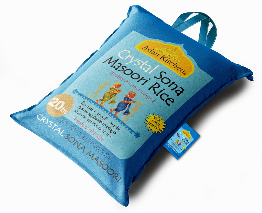 Asian Kitchen Crystal Sona Masoori Aged Rice 20lbs (9.08kg) Short Grain Rice ~ All Natural | Gluten Friendly | Vegan | Indian Origin | Export Quality