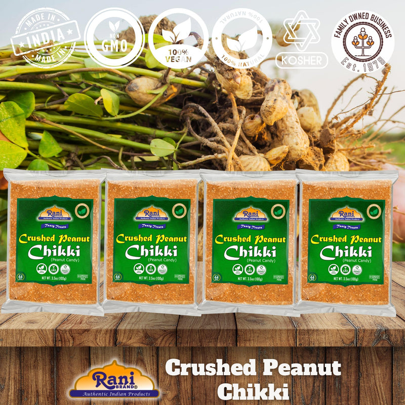 Rani Crushed Peanut Chikki (Brittle Candy) 3.5oz (100g) x Pack of 4 ~ All Natural | Vegan | Kosher | No colors | Gluten Friendly | Indian Origin