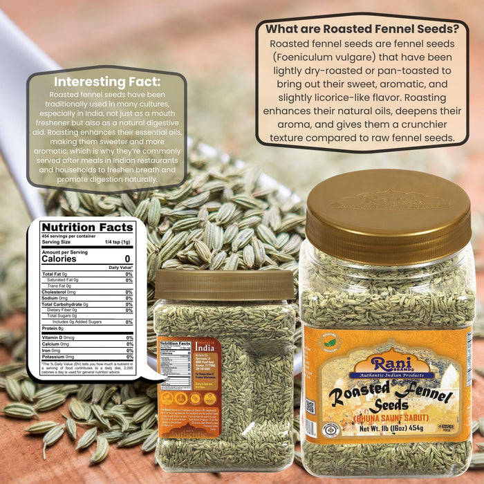 Rani Roasted Fennel Seeds (Bhuna Saunf Sabut) Whole Spice 16oz (1lb) 454g PET Jar ~ All Natural | Gluten Friendly | NON-GMO | Kosher | Vegan | Indian Origin