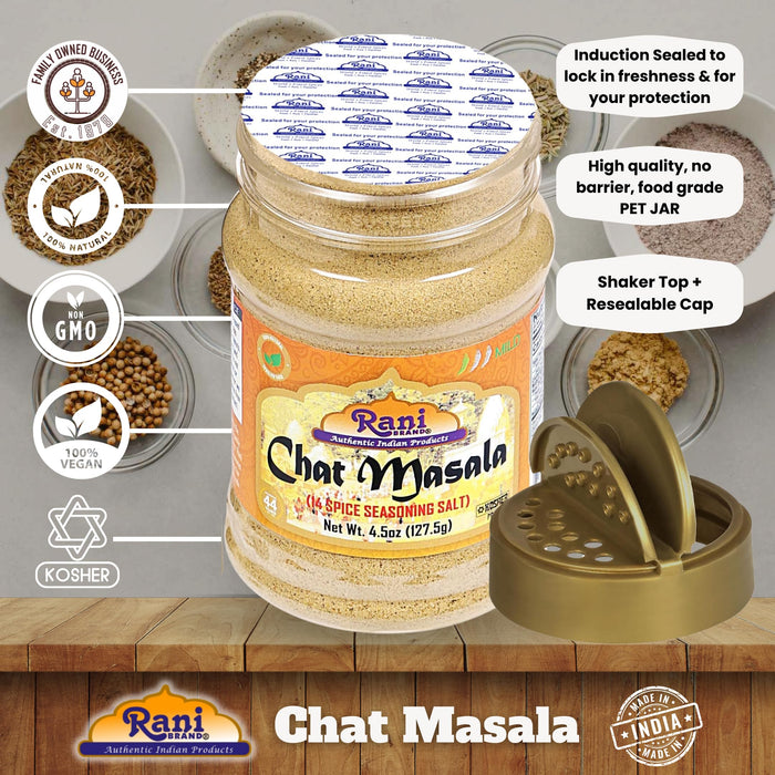 Rani Chat Masala (14 Spice Seasoning Salt) Tangy Indian Seasoning 4.5oz (127.5g) PET Jar ~ All Natural | No MSG | Kosher | Vegan | No Colors | Gluten Friendly