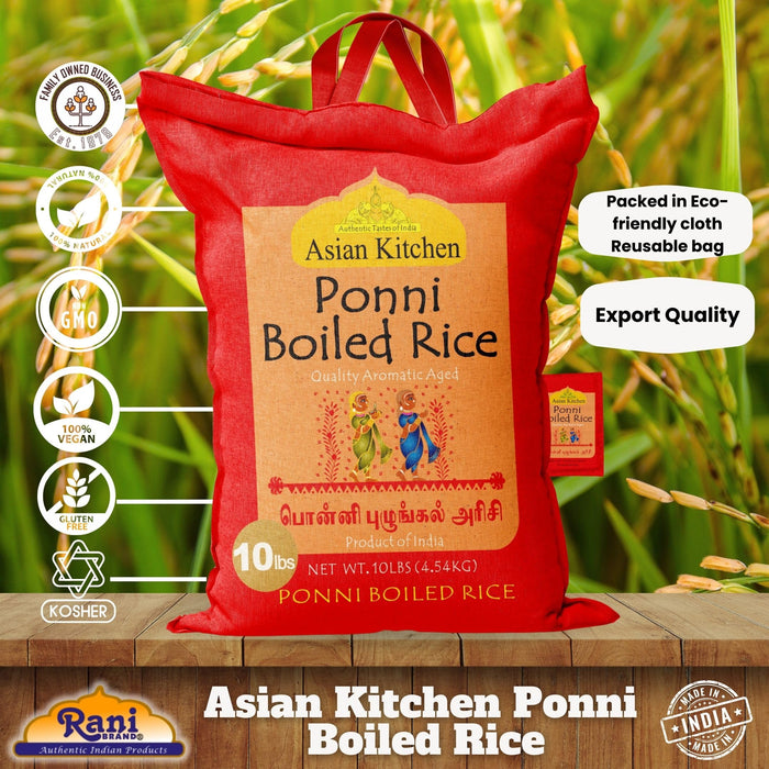 Asian Kitchen Ponni Boiled Rice 10-Pound Bag, 10lbs (4.54kg) Short Grain Par Boiled Rice ~ Natural | Gluten Friendly | Vegan