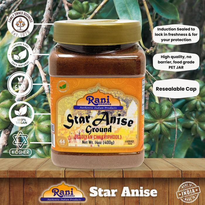 Rani Star Anise Powder (Badian Khatai) Ground Spice 14oz (400g) PET Jar ~ All Natural | Gluten Friendly | NON-GMO | Kosher | Vegan | Indian Origin