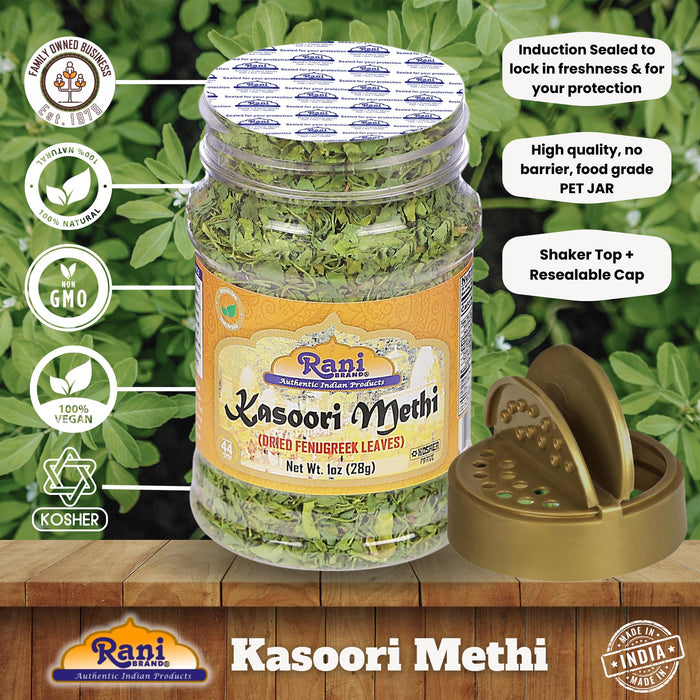 Rani Fenugreek Leaves Dried (Kasoori Methi) 1oz (28g) PET Jar ~ All Natural | Vegan | Gluten Friendly | NON-GMO | Kosher | Indian Origin