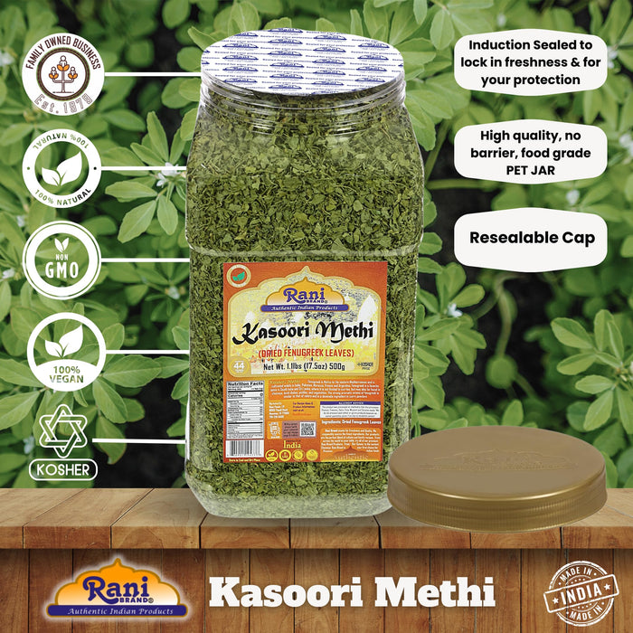 Rani Fenugreek Leaves Dried (Kasoori Methi) 17.5oz (1.1lbs) 500g PET Jar ~ All Natural | Vegan | Gluten Friendly | NON-GMO | Kosher | Indian Origin