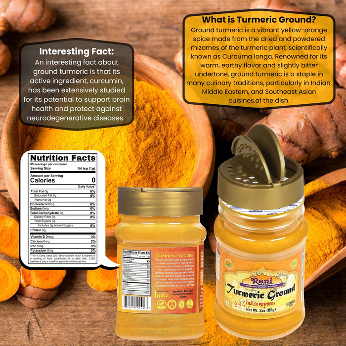 Rani Turmeric (Haldi) Root Powder Spice, (High Curcumin Content) 3oz (85g) PET Jar ~ All Natural | 100% Pure, Salt Free | Vegan | Gluten Friendly | NON-GMO | Kosher | Indian Origin