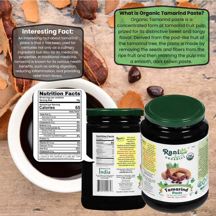 Rani Organic Tamarind Paste (Imli Paste) 32oz (2lbs) 908g Glass Jar, No Sugar Added ~ All Natural | Vegan | Gluten Free | No Colors | NON-GMO | Kosher | Indian Origin | USDA Certified Organic