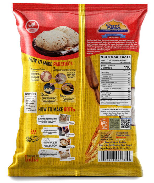 Rani Chapati Flour (100% Pure Whole Wheat Chakki Atta), For Making Roti & Indian Breads 160oz (10lbs) 4.54kg Bulk ~ Stone Ground, All Natural | Vegan | No Salt or Colors | NON-GMO | Indian Origin