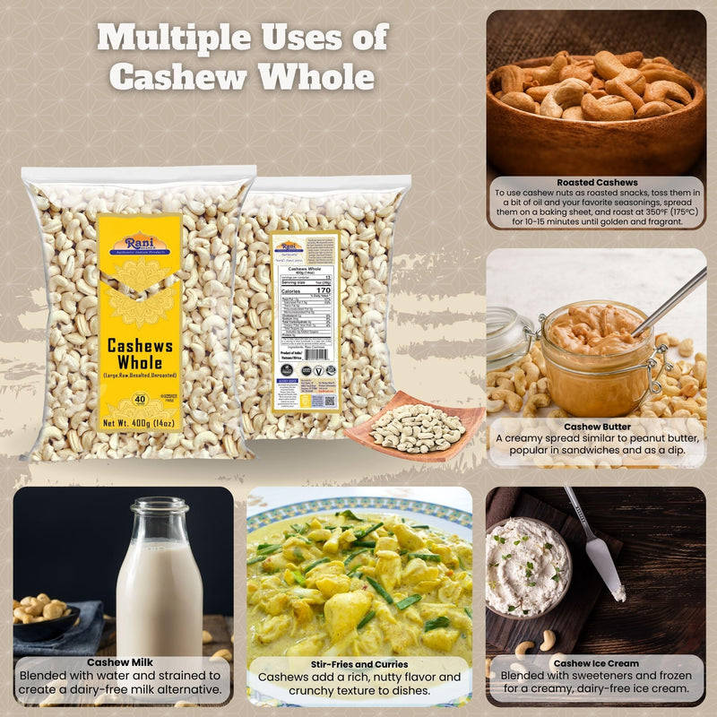 Rani Raw Cashews Whole (uncooked, unsalted) 14oz (400g) ~ All Natural, No Preservatives | Vegan | NON-GMO | Kosher | Gluten Friendly