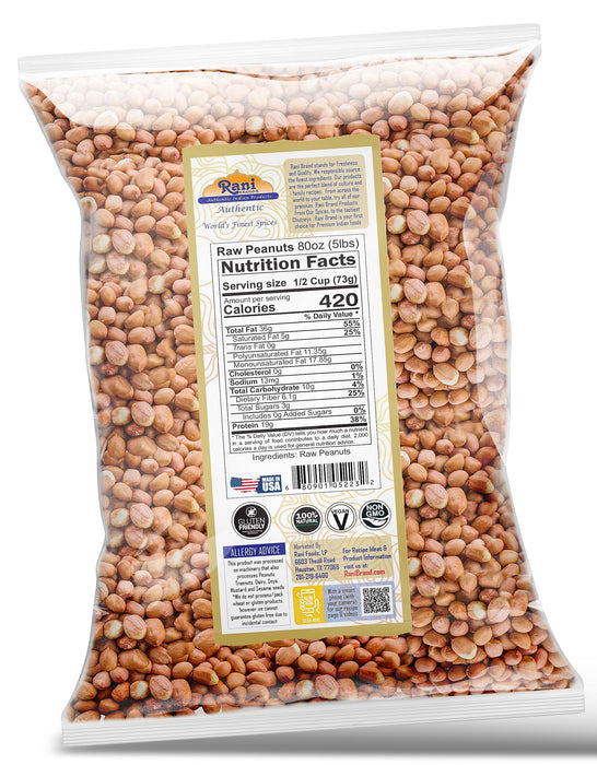 Rani Peanuts, Raw Whole With Skin (uncooked, unsalted) 80oz (5lbs) 2.27kg Bulk, Pack of 6 ~ All Natural | Vegan | Gluten Friendly | Fresh Product of USA ~ Spanish Grade Groundnut/Red-skin