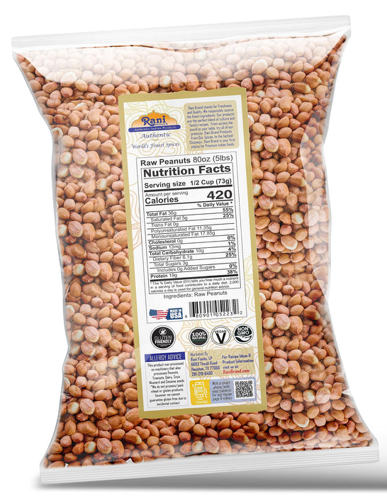 Rani Peanuts, Raw Whole With Skin (uncooked, unsalted) 80oz (5lbs) 2.27kg Bulk ~ All Natural | Vegan | Kosher | Gluten Friendly | Fresh Product of USA