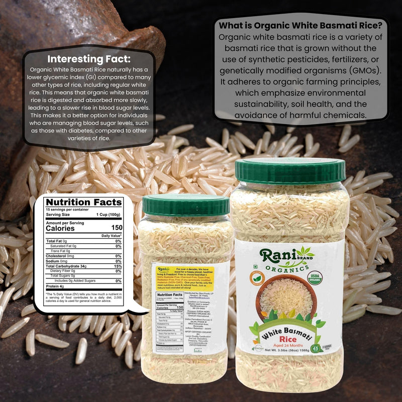 Rani Organic Platinum White Basmati Rice Extra Long Aged 56oz (3.5lbs) 1.59kg PET Jar ~ All Natural | Gluten Friendly | Vegan | Indian Origin | Kosher | Export Quality | USDA Certified Organic