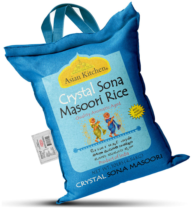 Asian Kitchen Crystal Sona Masoori Aged Rice 10lbs (4.54kg) Short Grain Rice ~ All Natural | Gluten Friendly | Vegan | Kosher | Indian Origin | Export Quality