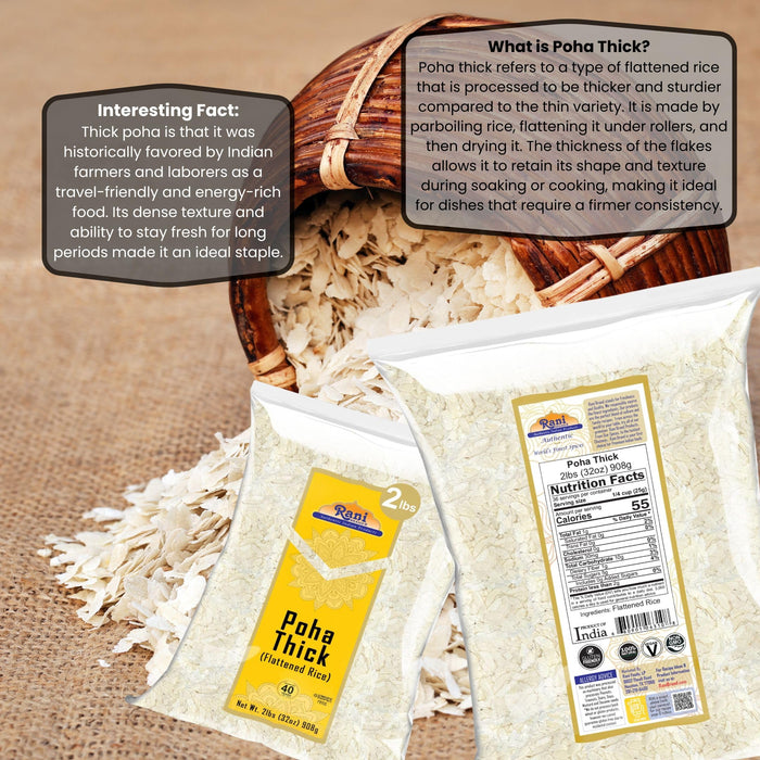 Rani Poha (Powa) Thick Medium-Cut (Flattened Rice) 32oz (2lbs) 908g ~ All Natural, Salt-Free | Vegan | Kosher | No Colors | Gluten Friendly | Indian Origin