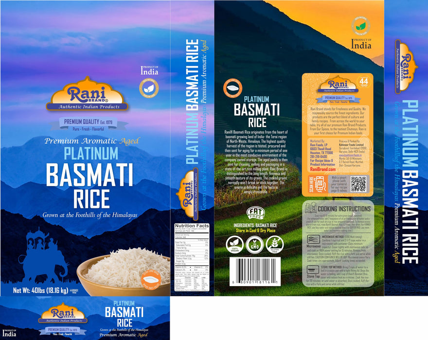 Rani Platinum White Basmati Rice Extra Long Aged 40-Pound Bag, 640oz (40lbs) 18.16kg ~ All Natural | Gluten Friendly | Vegan | Indian Origin | Kosher | Export Quality